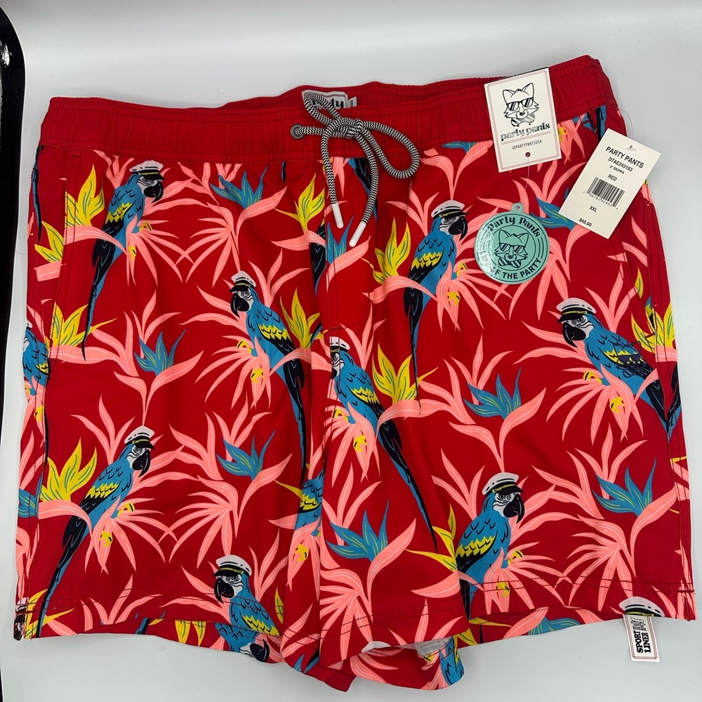 Party Pants Mens Skippa Swim Trunks Mesh Inner Parrot Captain - Red XXL NWT